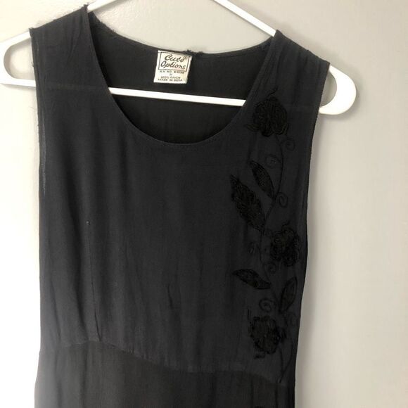 vintage 90s y2k long black dress embroidered tie back waist slit sides size medi - Picture 2 of 13